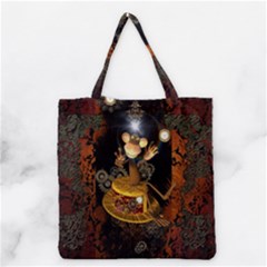 Steampunk, Funny Monkey With Clocks And Gears Grocery Tote Bags