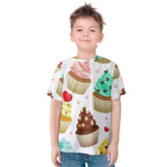 Seamless Pattern Yummy Colored Cupcakes Kids  Cotton Tee