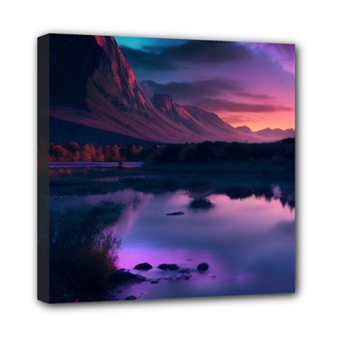 Lake Mountain Night Sea Flower Nature Mini Canvas 8  X 8  (stretched)