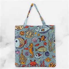Cartoon Underwater Seamless Pattern With Crab Fish Seahorse Coral Marine Elements Grocery Tote Bag
