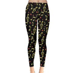 Golden Music Notes Black Pattern With Music Notes Treble Clef Women s Leggings