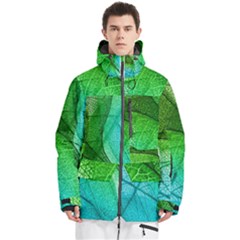 3d Leaves Texture Sheet Blue Green Men s Multi Pockets Zip Ski And Snowboard Waterproof Breathable Jacket