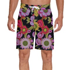 Mid Century Retro Floral 1970s 1960s Pattern 70 Men s Beach Shorts