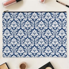 Navy Blue Damask Pattern Cosmetic Bag (xxxl)