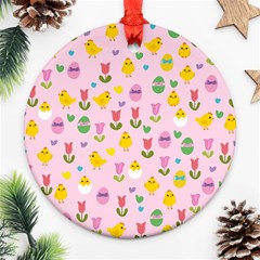 Easter - Chick And Tulips Round Ornament (two Sides)