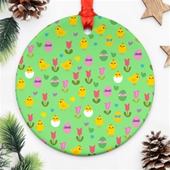 Easter - Chick And Tulips Round Ornament (two Sides)