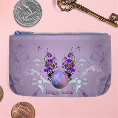 Happy Easter, Easter Egg With Flowers In Soft Violet Colors Large Coin Purse