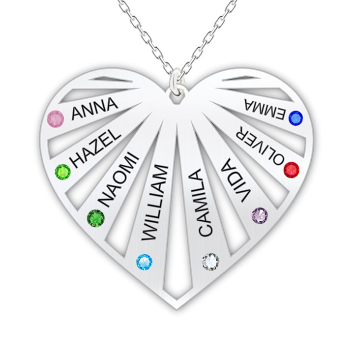 Personalized Name 8 Members Family Tree Heart Love 925 Sterling Silver Pendant Necklace