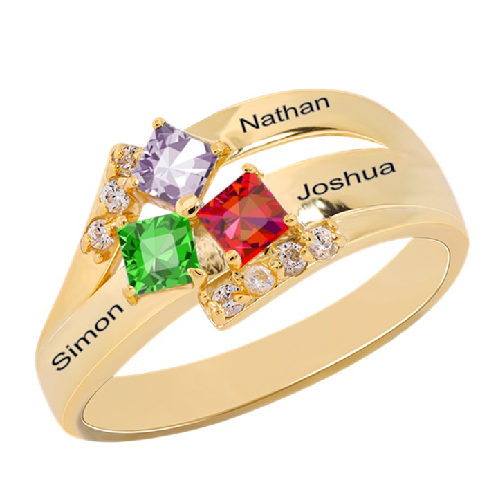 Diamond 3 Name Square Ring 925 Sterling Silver Ring