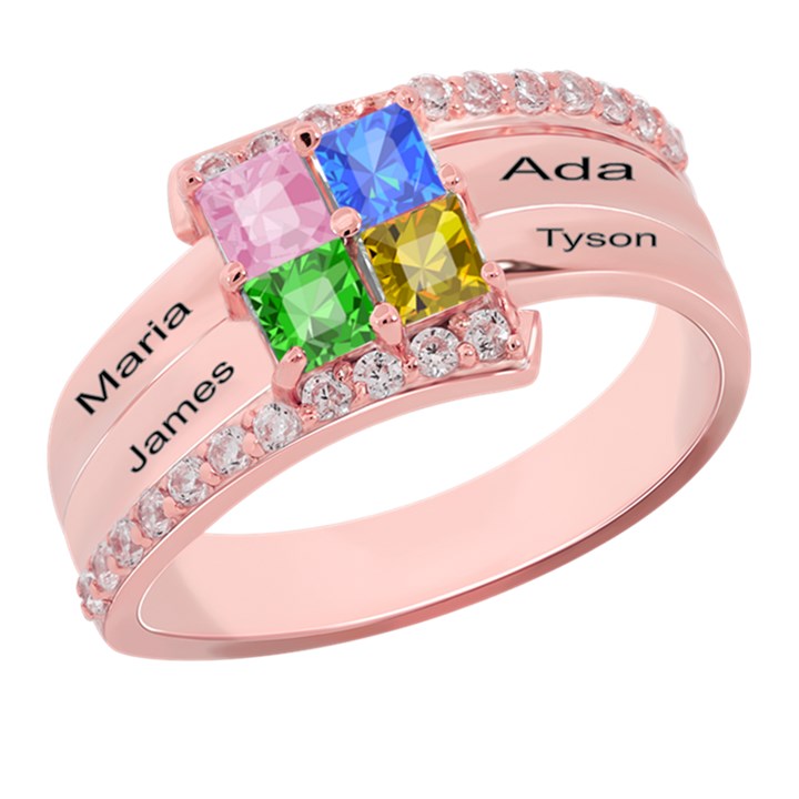 Diamond 4 Name Square Ring 925 Sterling Silver Ring