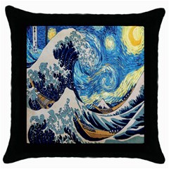 The Great Wave Of Kanagawa Painting Starry Night Van Gogh Throw Pillow Case (black)