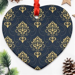 Floral Damask Pattern Texture, Damask Retro Background Heart Ornament (two Sides)