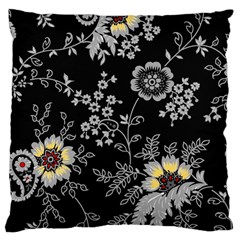 Black Background With Gray Flowers, Floral Black Texture Large Cushion Case (one Side)