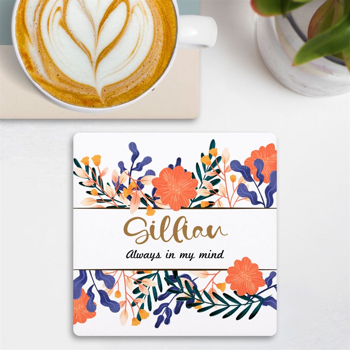 Personalized Name Any Text Floral UV Print Square Tile Coaster UV Print Square Tile Coaster 