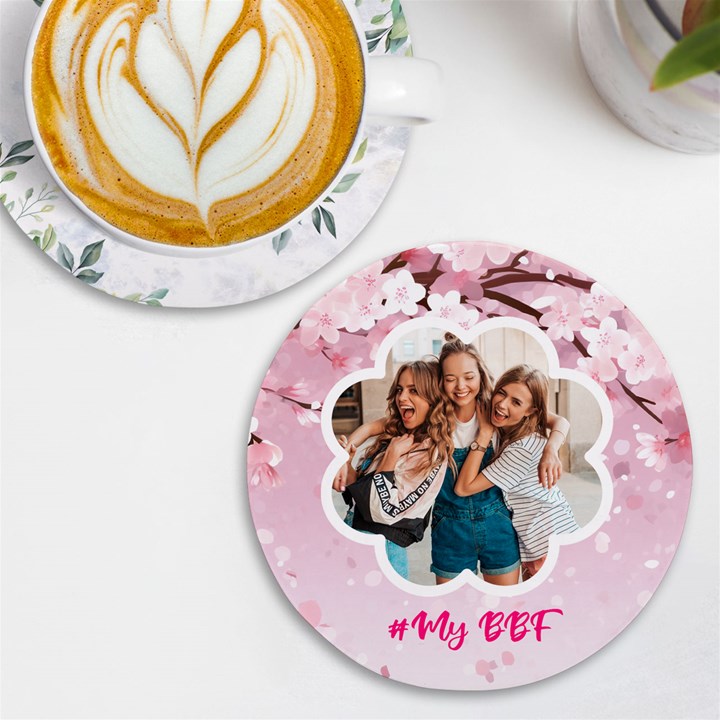 Personalized Cherry Bloom Photo Name Round Tile Coaster UV Print Round Tile Coaster