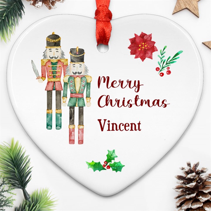 Personalized Nutcracker Poinsettia Name Heart Ornament (Two Sides) Heart Ornament (Two Sides)