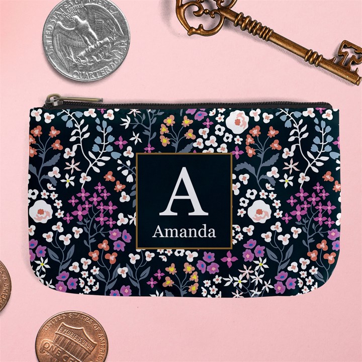 Personalized Floral Pattern Initial Large Coin Purse Large Coin Purse