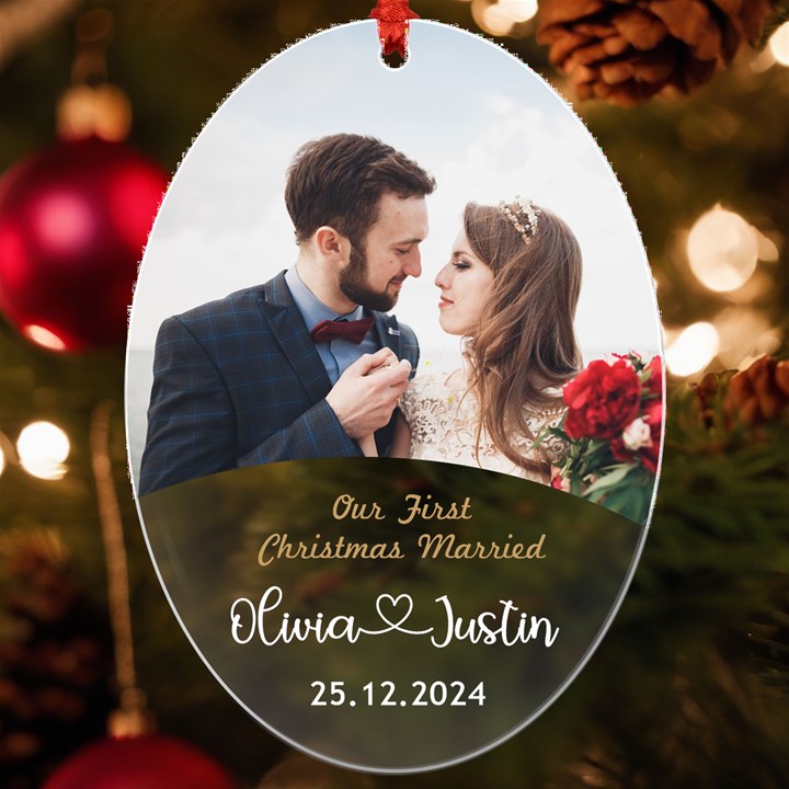 Personalized Christmas Photo Any Text Name Married UV Print Acrylic Ornament Oval UV Print Acrylic Ornament Oval