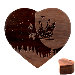Deer Santa Claus Flying Trees Moon Night Merry Christmas Heart Wood Jewelry Box