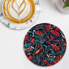 Vintage Tattoos Colorful Seamless Pattern Uv Print Round Tile Coaster