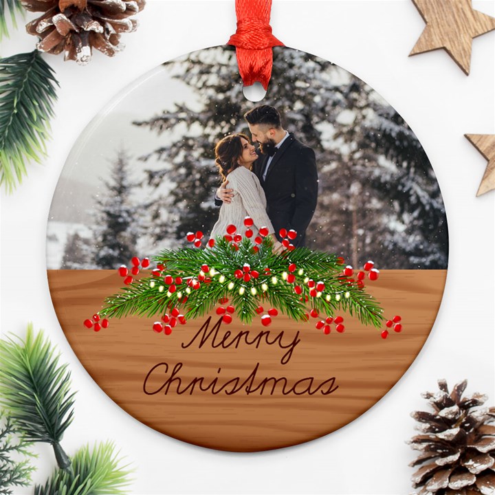 Personalized Photo Any Text Christmas Wood Round Ornament Round Ornament (Two Sides)
