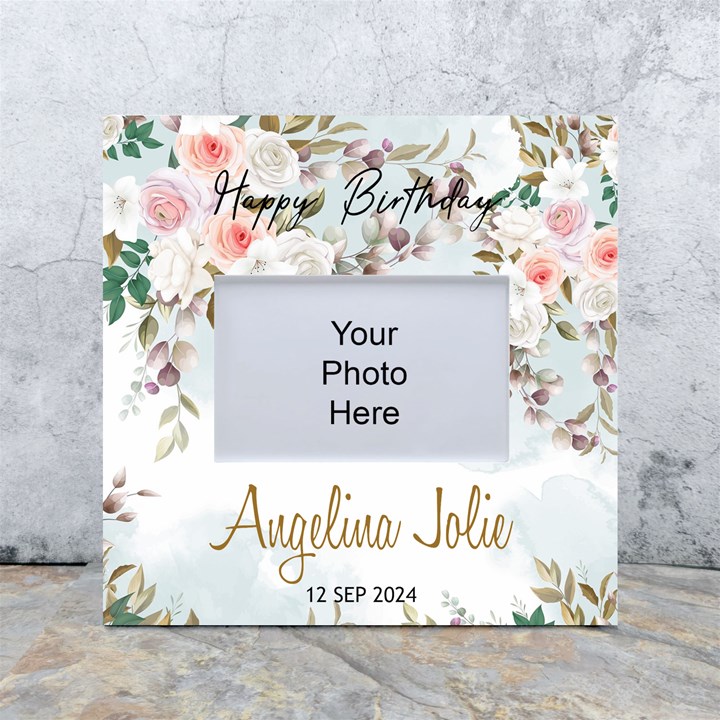 Personalized Photo Floral Baby Birthday Name Any Text Box Photo Frame White Box Photo Frame 4  x 6 