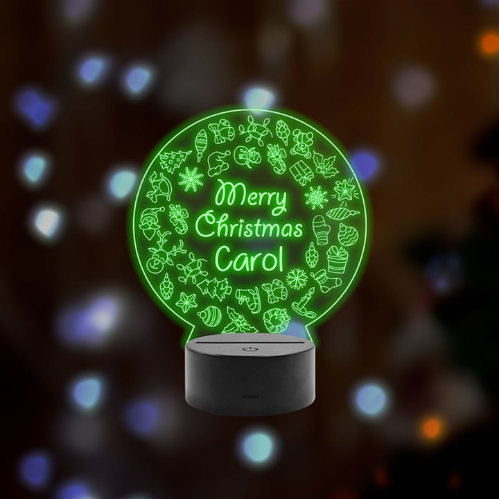 Personalized Merry Christmas Name Remote LED Acrylic Message Display (Black Round Stand) 