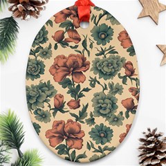 Victorian Beige And Teal Flower Pattern Oval Ornament (two Sides)