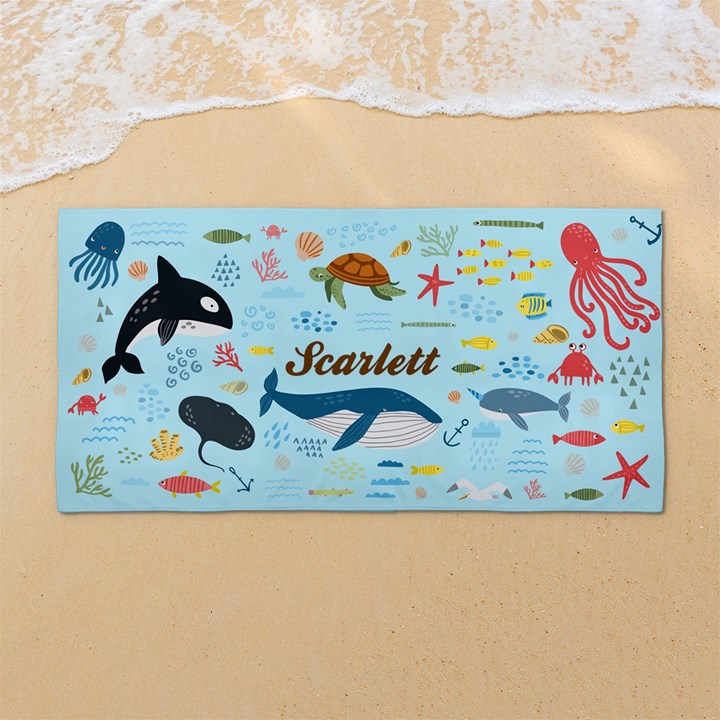 Custom Sea Creatures Animals Any Text Name 54 X27  Super Absorbent Beach Towel	