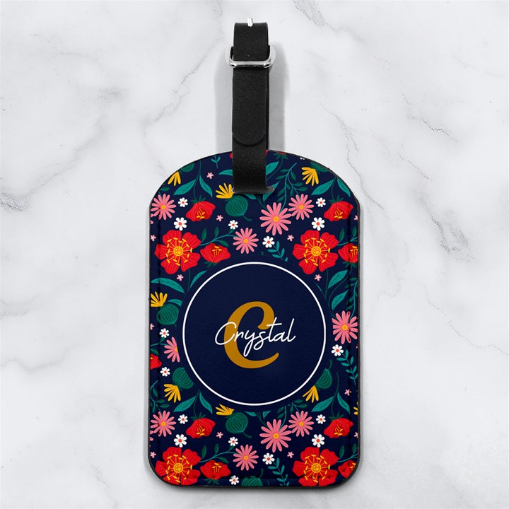 Floral Any Text Name Nappa Leather Luggage Tag Rectangle