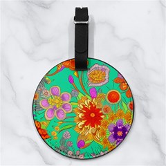 Mid Century Retro Floral 1970s 1960s Pattern 58 Nappa Leather Luggage Tag Round